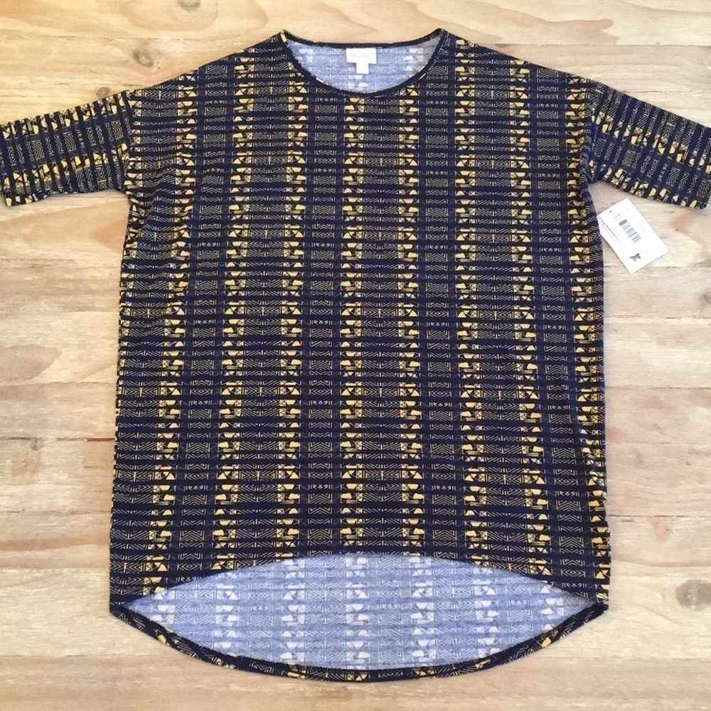 LuLaRoe IRMA Tunic Top Navy Yellow Geometric Small